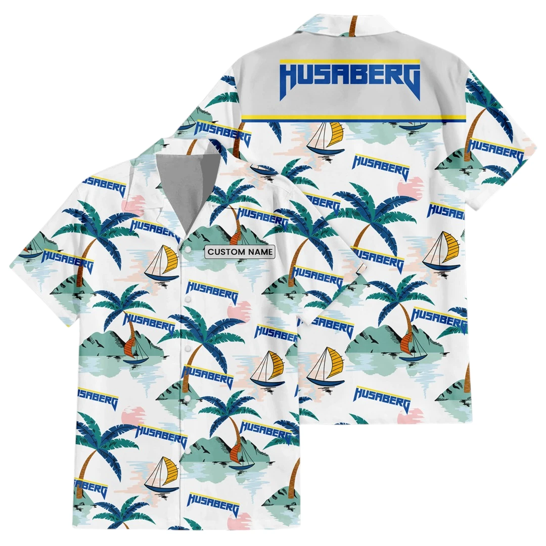 Husaberg Exclusive Logo Button Up Hawaiian Shirt Tropical Landscape Pattern All-over Print, Custom Name HIDI200225Y7HWLS2HUS